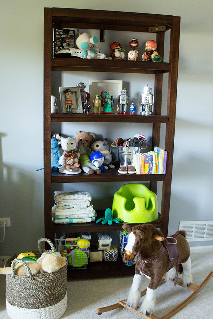 Baby Andrew's space cowboy themed nursery. Parsons shelf. 